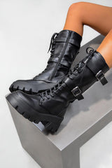 MAYHEM Chunky Lace Up Midi Boots - Black PU