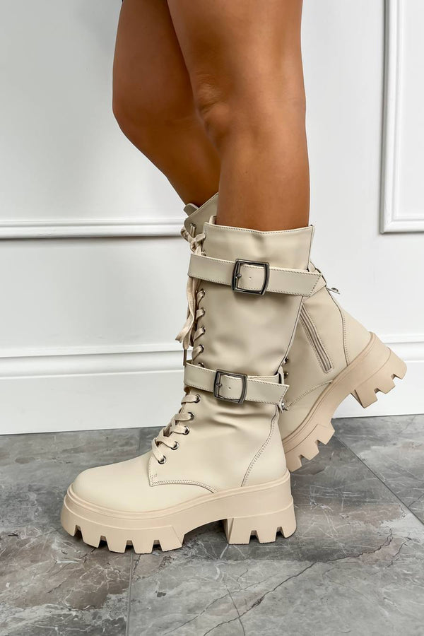 MAYHEM Chunky Lace Up Midi Boots - Beige PU - 1