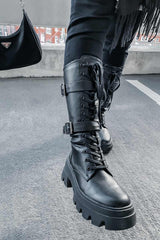 MAYHEM Chunky Lace Up Midi Boots - Black PU - 4
