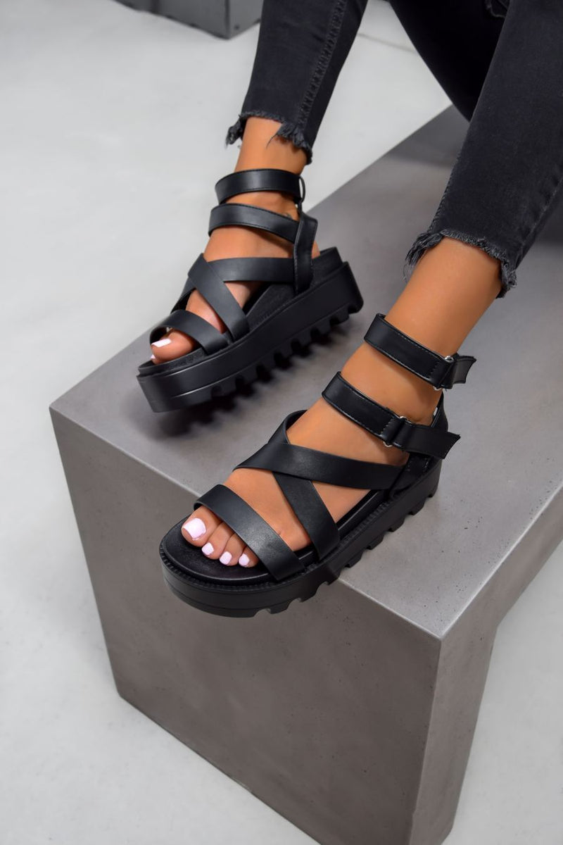 MEAN IT Chunky Platform Velcro Strap Gladiator Sandals - Black
