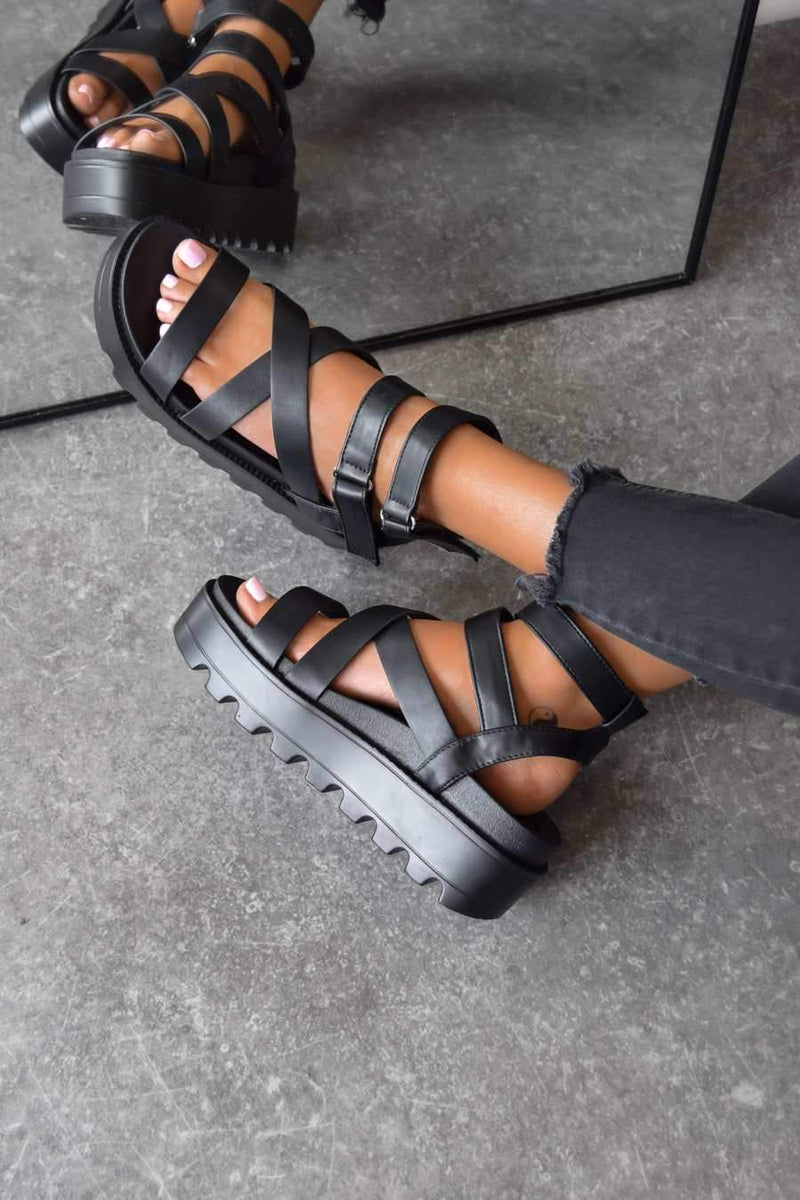 MEAN IT Chunky Platform Velcro Strap Gladiator Sandals - Black - 1