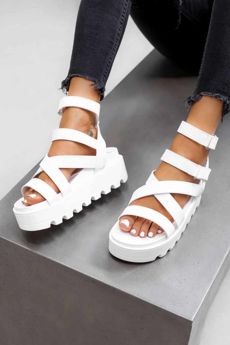 Chunky Platform Velcro Strap Gladiator Sandals - White – AJ VOYAGE
