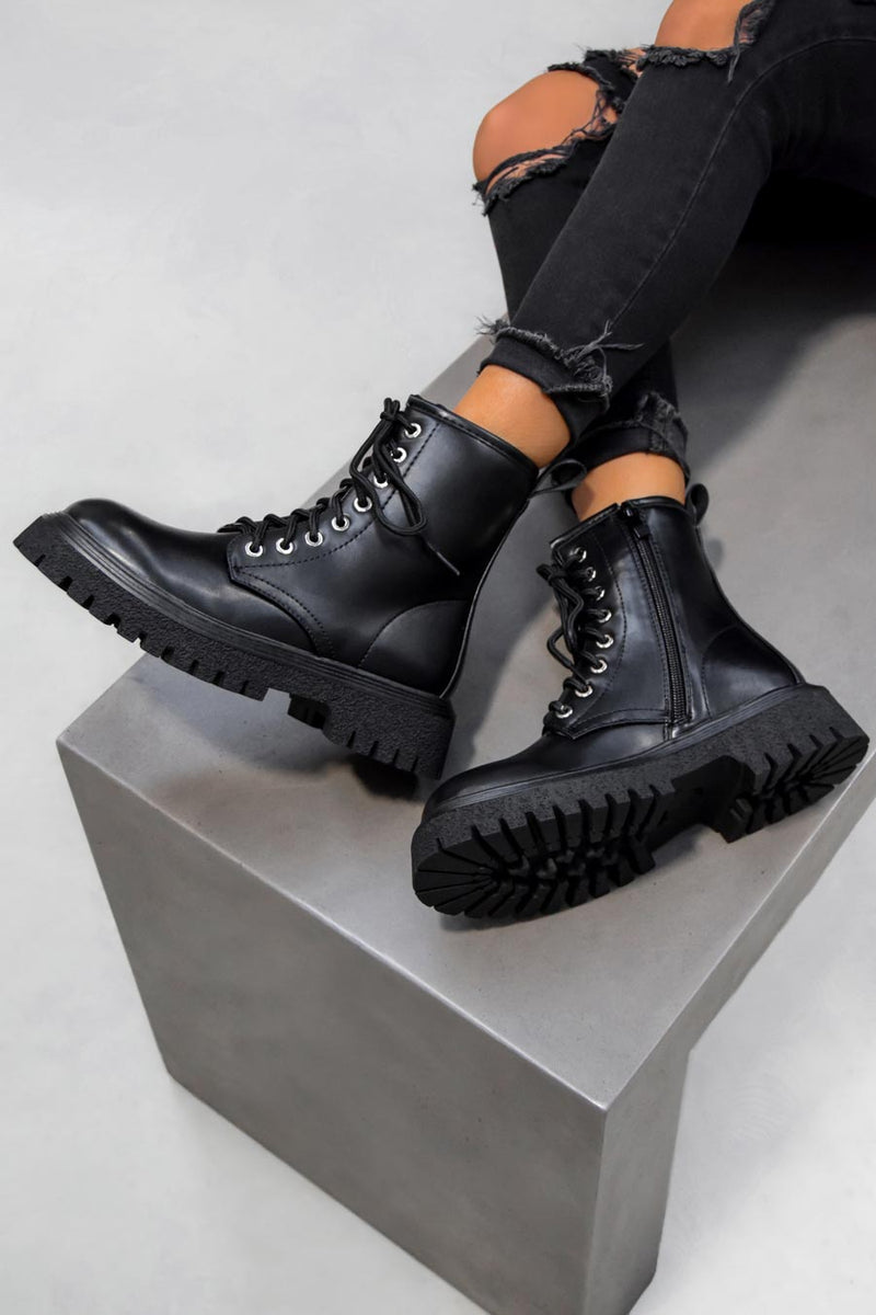 Black PU Lace-Up Platform Ankle Boots | SilkFred US