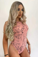 Mesh Sleeveless Bodysuit With Abstract Flocking - Pink -1