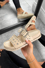 NEED ME Chunky Studded Buckle Sandals - Beige