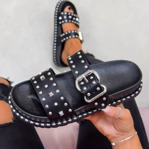 NEED ME Chunky Studded Buckle Sandals Black Silver