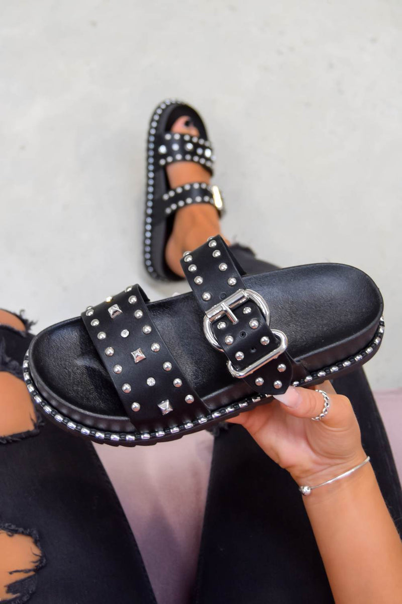 NEED ME Chunky Studded Buckle Sandals - Black/Silver