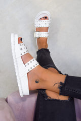 NEED ME Chunky Studded Buckle Sandals - White/Silver - 2