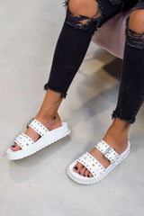 NEED ME Chunky Studded Buckle Sandals - White/Silver - 1