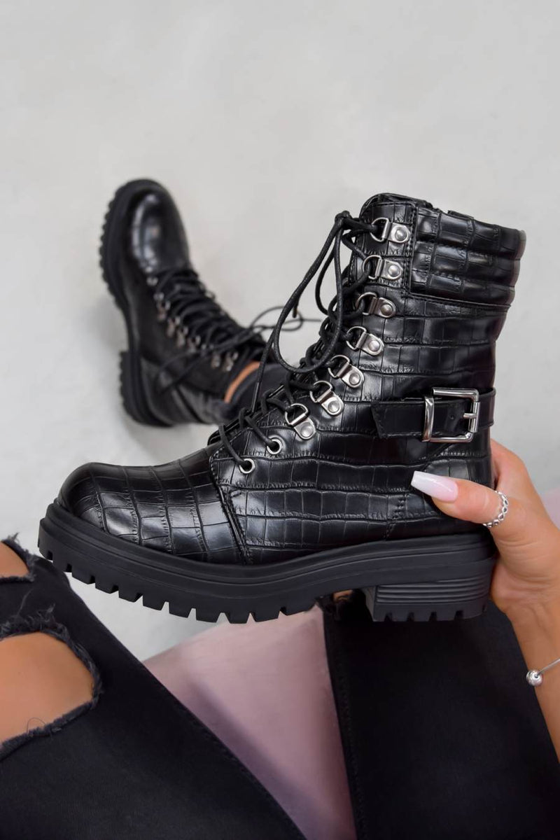 NEVA Chunky Buckle Ankle Boots - Black Croc