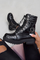 NEVA Chunky Buckle Ankle Boots - Black Croc