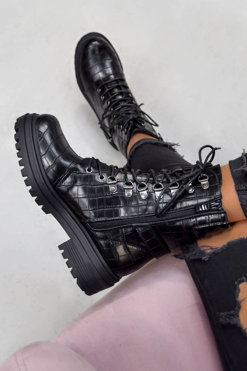 NEVA Chunky Buckle Ankle Boots - Black Croc - 2