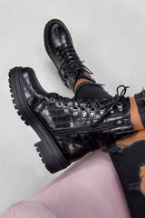 NEVA Chunky Buckle Ankle Boots - Black Croc - 2