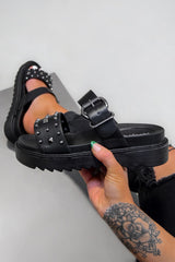 HOLD ON Chunky Studded Buckle Sandals - Black - 2