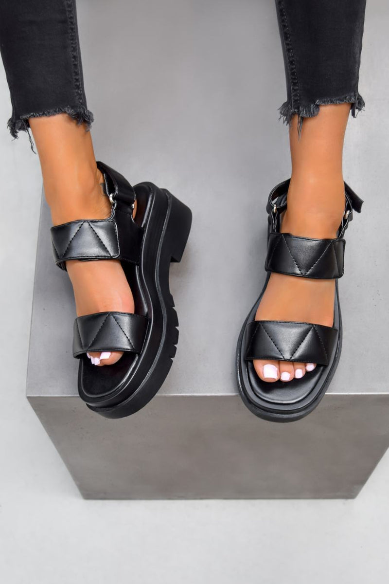 NIA Chunky Velcro Sandals - Black PU