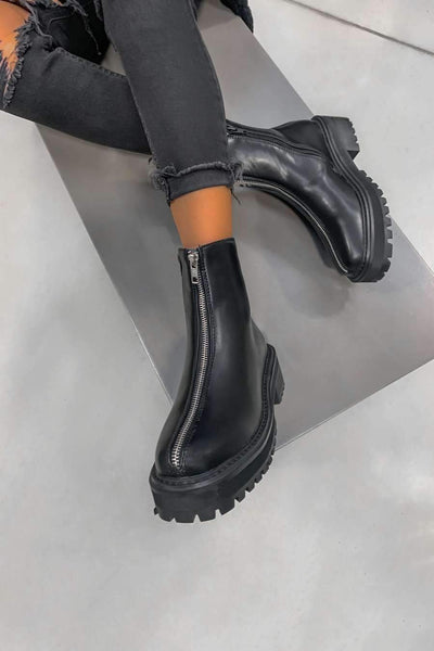 RAGE Chunky Sole Zip Front Ankle Boots Black PU – AJ VOYAGE