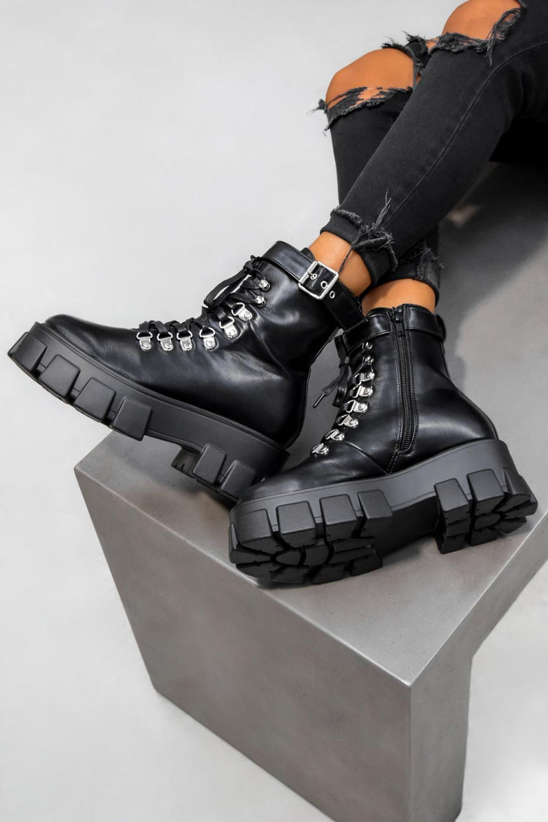 REASON Super Chunky Buckle Ankle Boots - Black PU-2