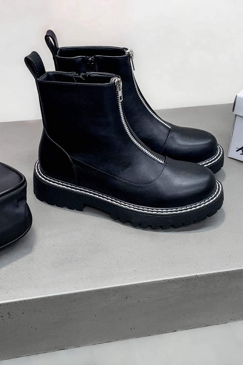 REBEL Zip Front Ankle Boots - Black PU – AJ VOYAGE