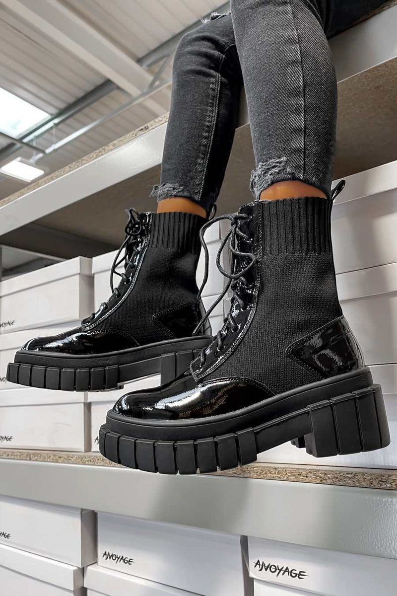 RELOAD Chunky Platform Sock Fit Ankle Boots - Black Patent - 2