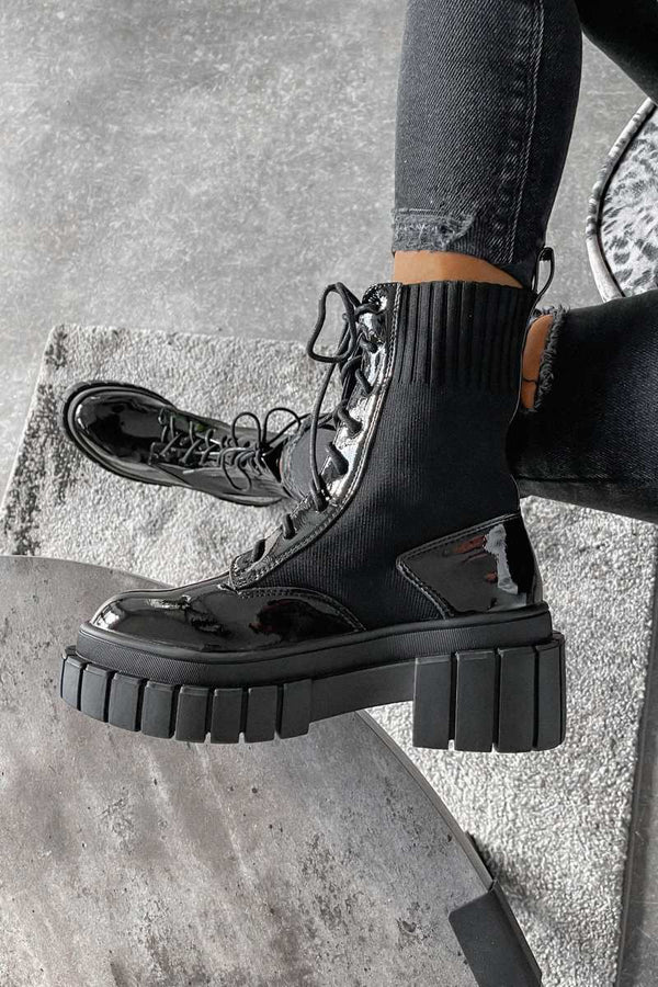 RELOAD Chunky Platform Sock Fit Ankle Boots - Black Patent