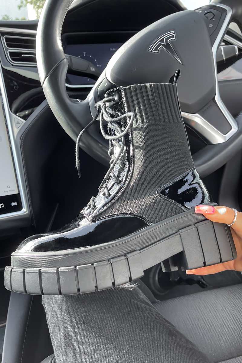 RELOAD Chunky Platform Sock Fit Ankle Boots - Black Patent - 1