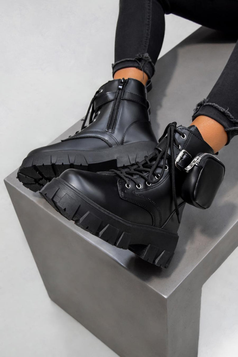 ROMY Chunky Sole Pocket Ankle Boots - Black PU-1