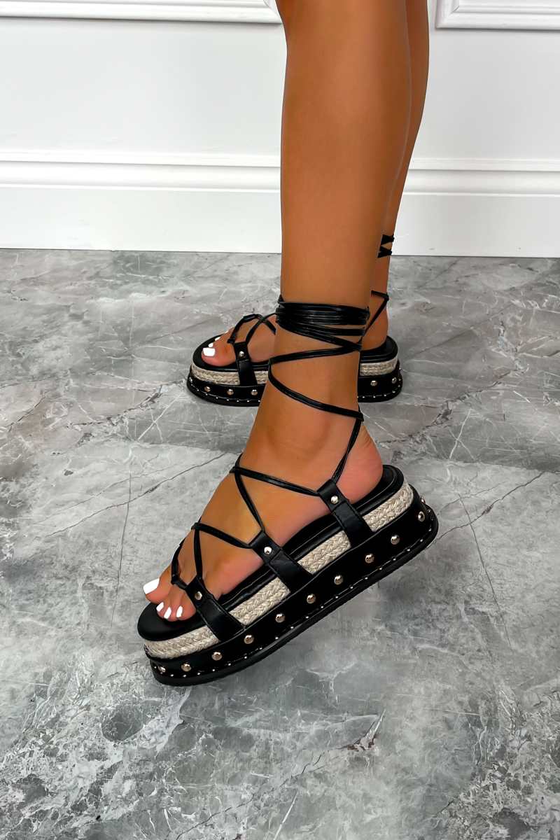 Platform Sandals Lace Up Black Sandals WOMENS LADIES FLATFORM