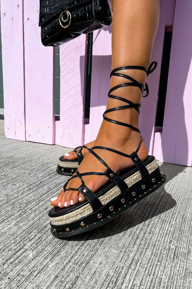 ROXI Flatform Lace Up Sandals - Black - 1