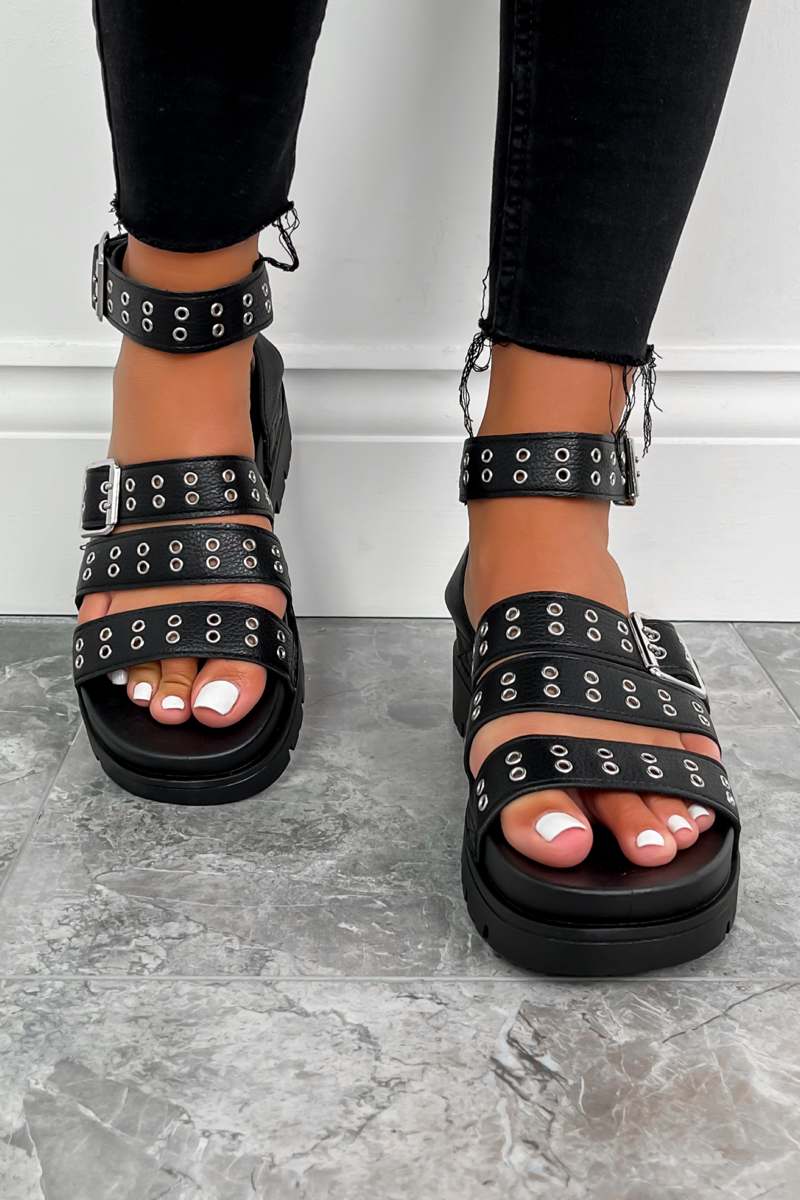 SAY SO Chunky Platform Eyelet Sandals - Black - 1