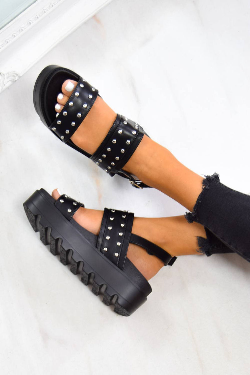 SHOW ME Chunky Cleated Platform Studded Sandals - Black - 1