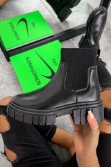 STEP BACK Chunky Sock Fit Ankle Boots - Black PU