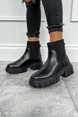 STEP BACK Chunky Sock Fit Ankle Boots - Black PU - 3
