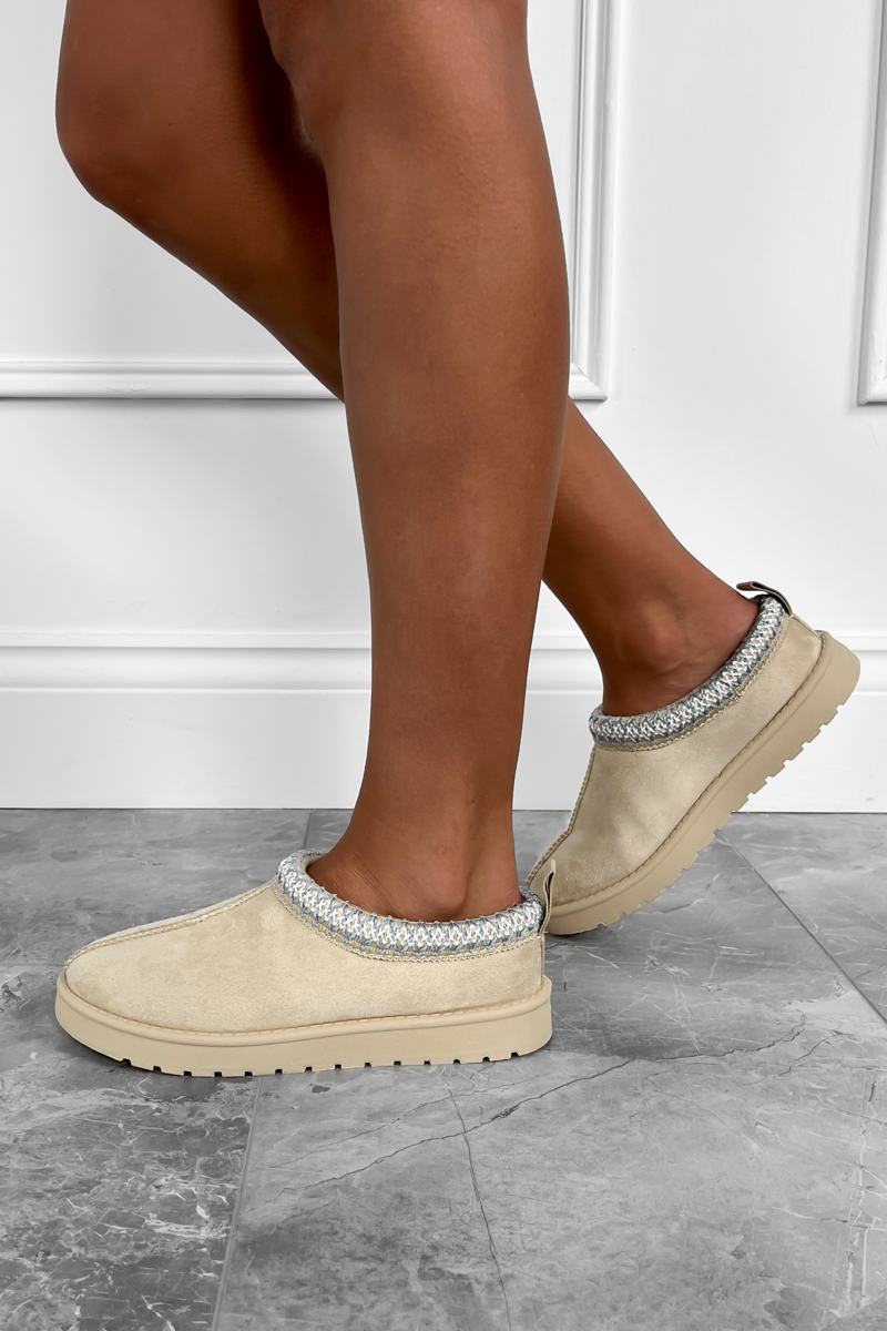 TAMMY Suede Embroidered Slippers - Beige