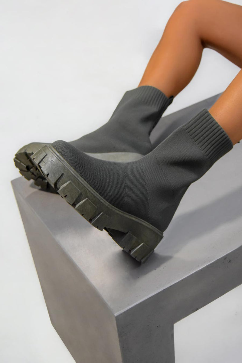 TASMIN Chunky Sock Fit Ankle Boots - Khaki-1
