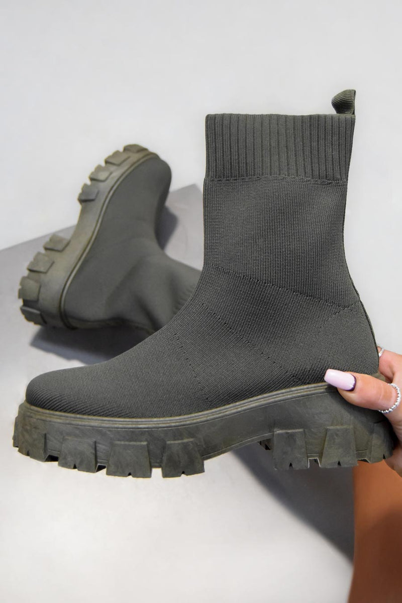 TASMIN Chunky Sock Fit Ankle Boots - Khaki