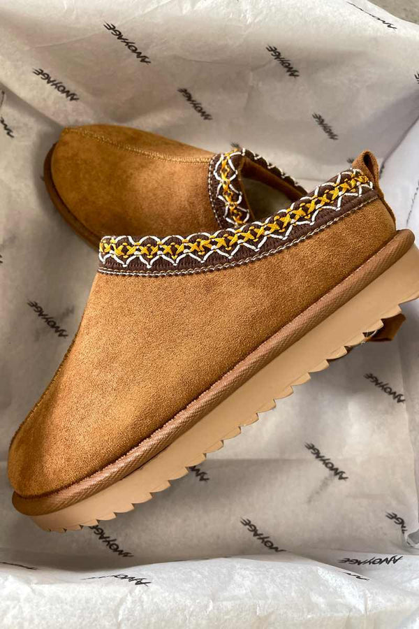 TAZMEN Suede Embroidered Slippers - Camel - 2