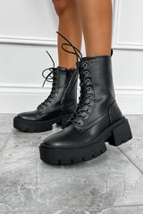 TEAR UP Chunky Lace Up Platform Ankle Boots - Black PU - 1