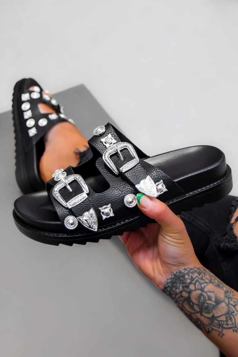 TEXAS Chunky Studded Buckle Sandals - Black – AJ VOYAGE