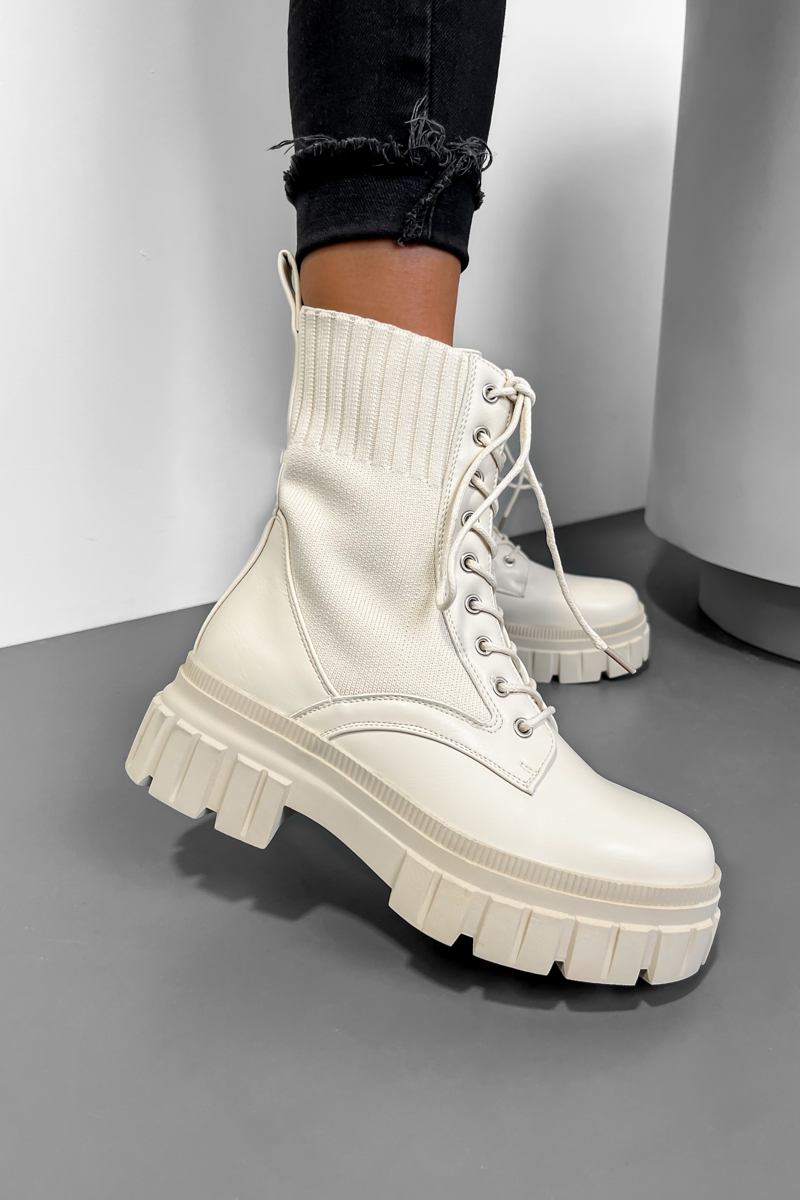 THUNDER Chunky Sock Fit Ankle Boots - Beige PU - 2