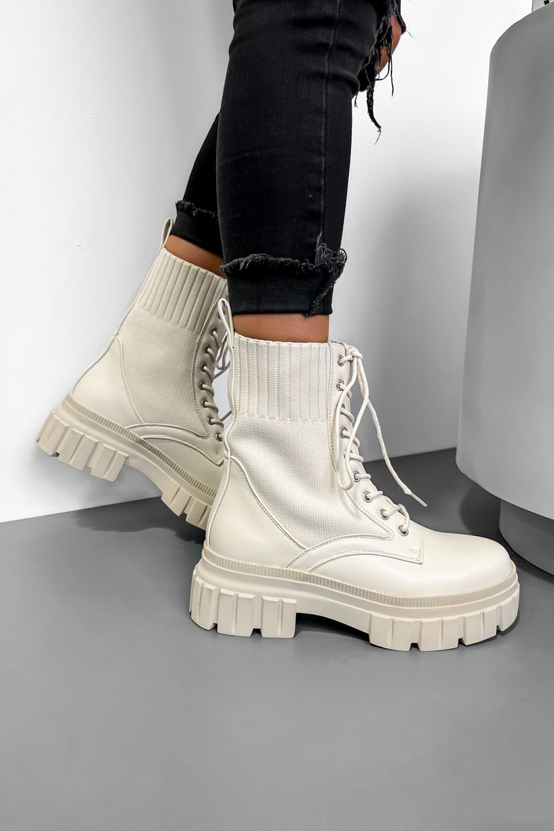 THUNDER Chunky Sock Fit Ankle Boots - Beige PU - 1