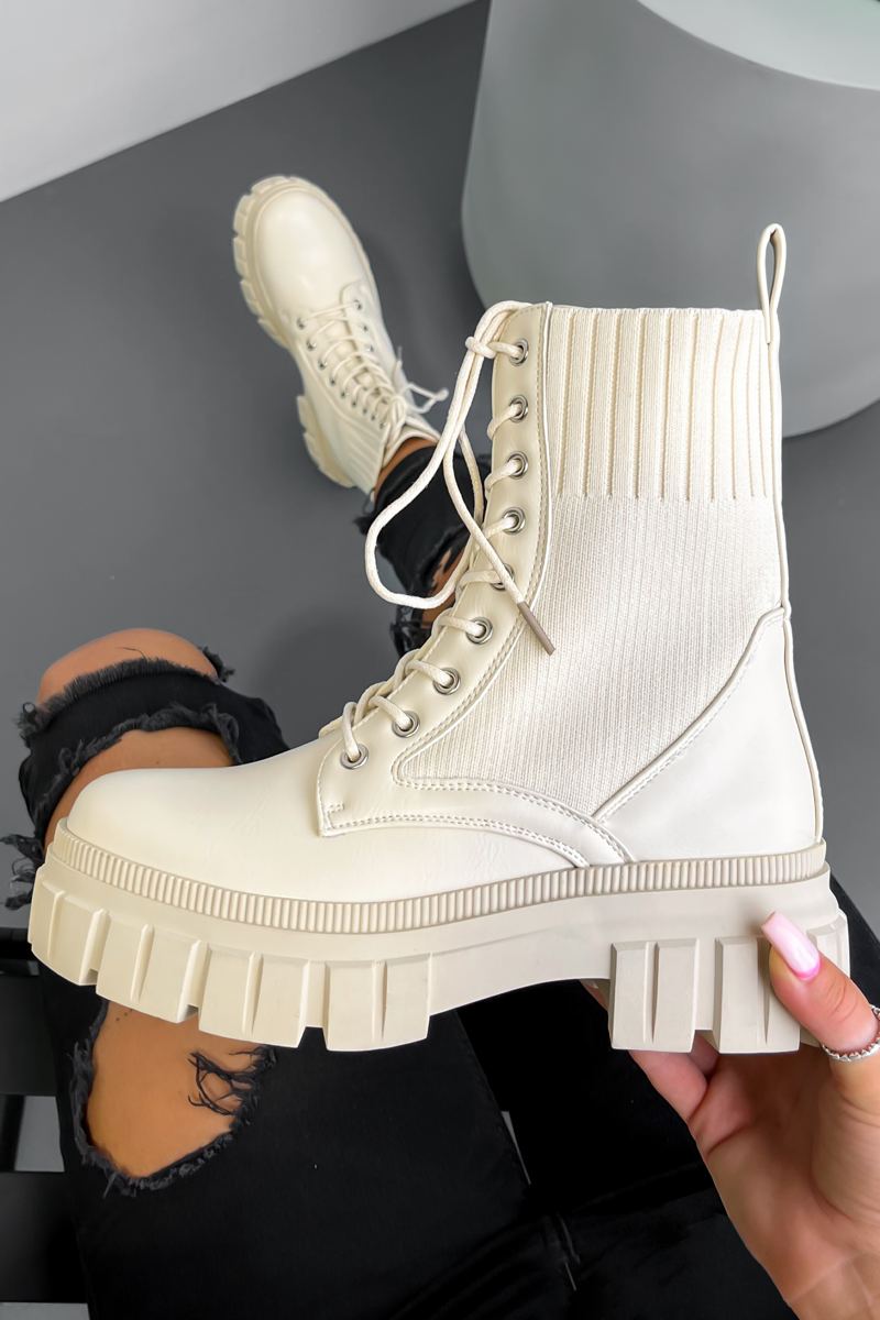 THUNDER Chunky Sock Fit Ankle Boots - Beige PU