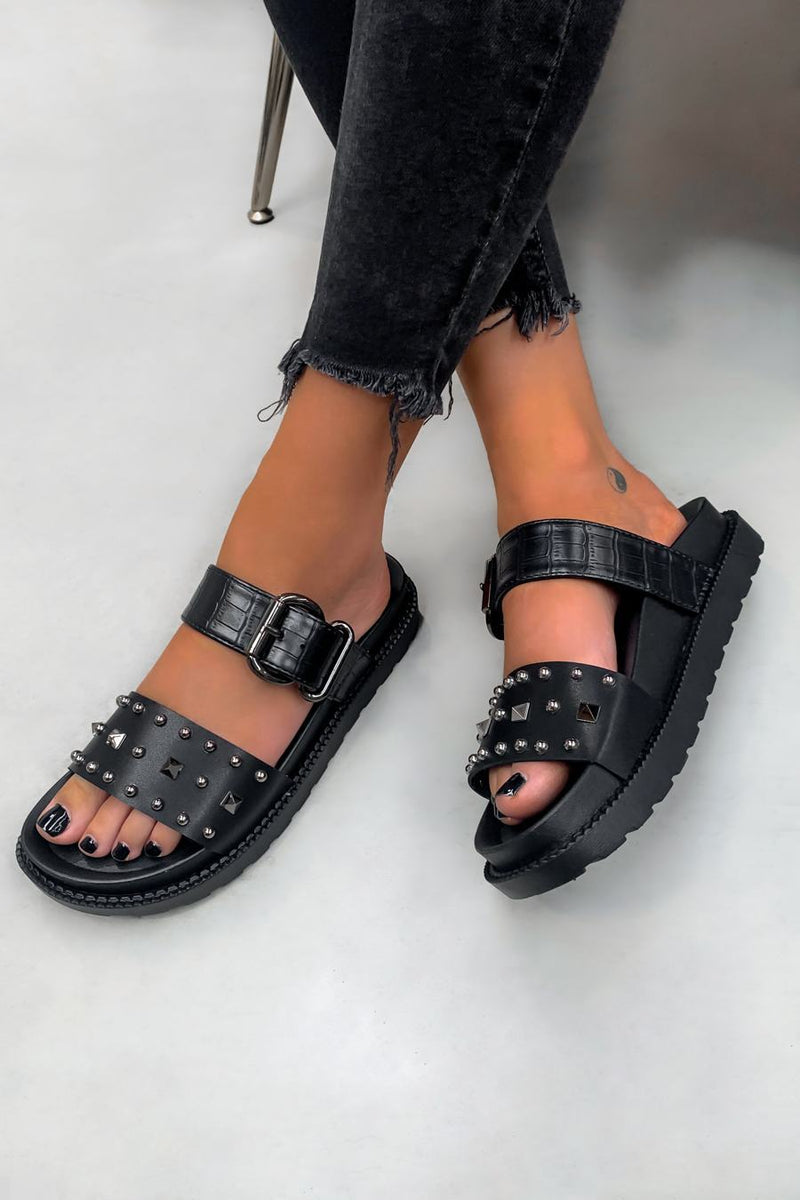 TOLD YOU Chunky Studded Buckle Sandals - Black Croc - 2