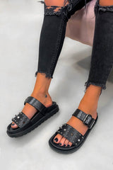 TOLD YOU Chunky Studded Buckle Sandals - Black Croc - 1
