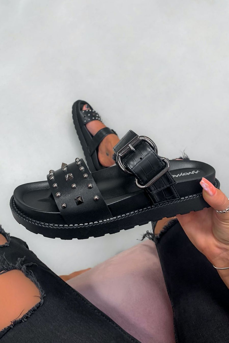 TOLD YOU Chunky Studded Buckle Sandals - Black Croc