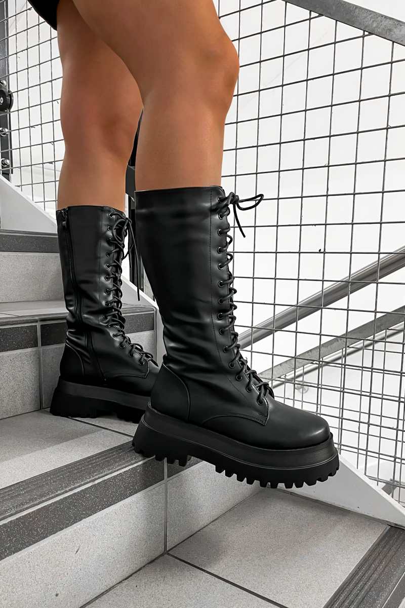 UPROAR Chunky Lace Up Midi Boots - Black PU - 1