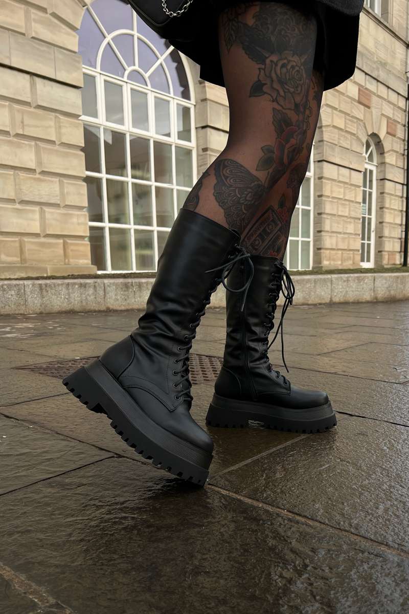 UPROAR Chunky Lace Up Midi Boots - Black PU