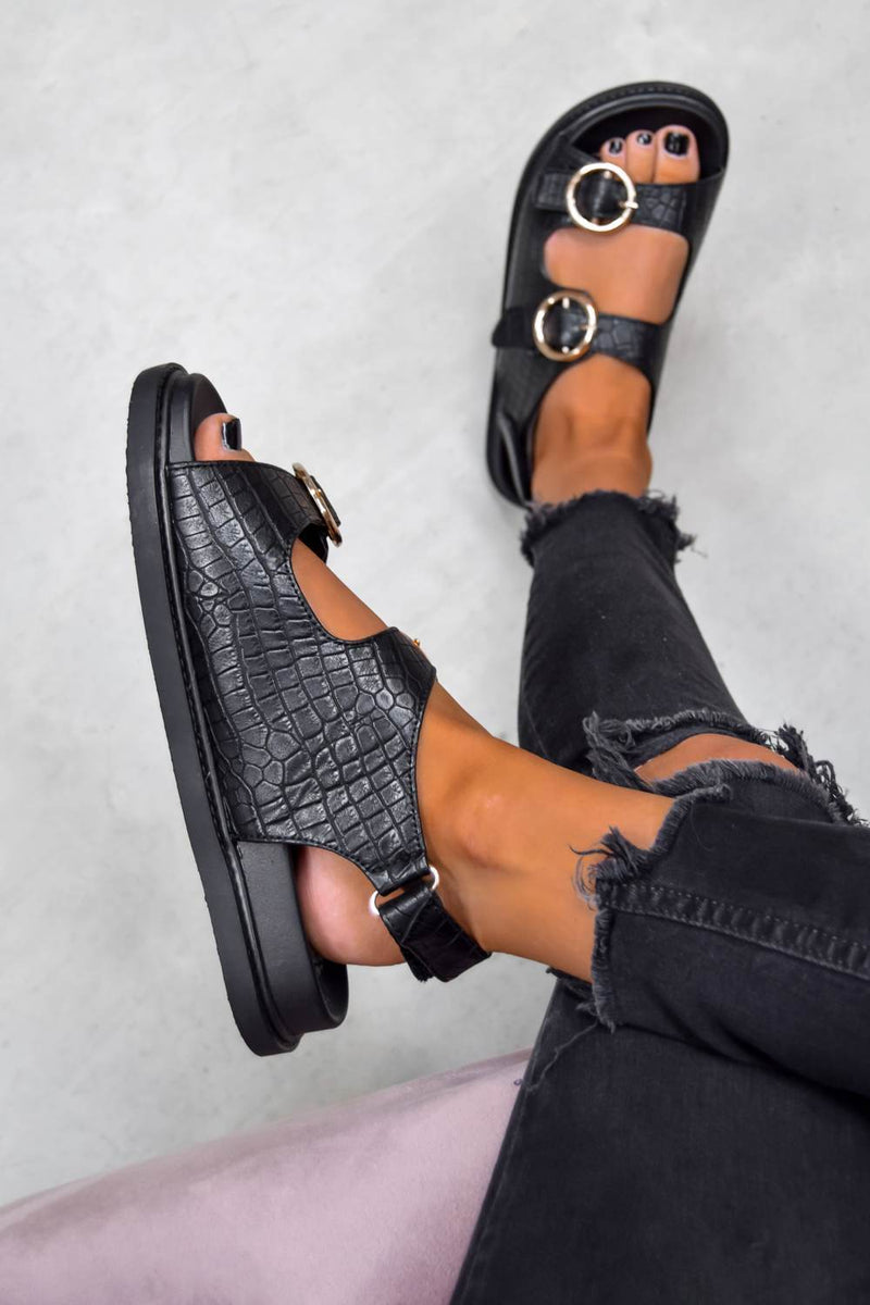 VACATE Chunky Ring Buckle Sandals - Black Croc - 1