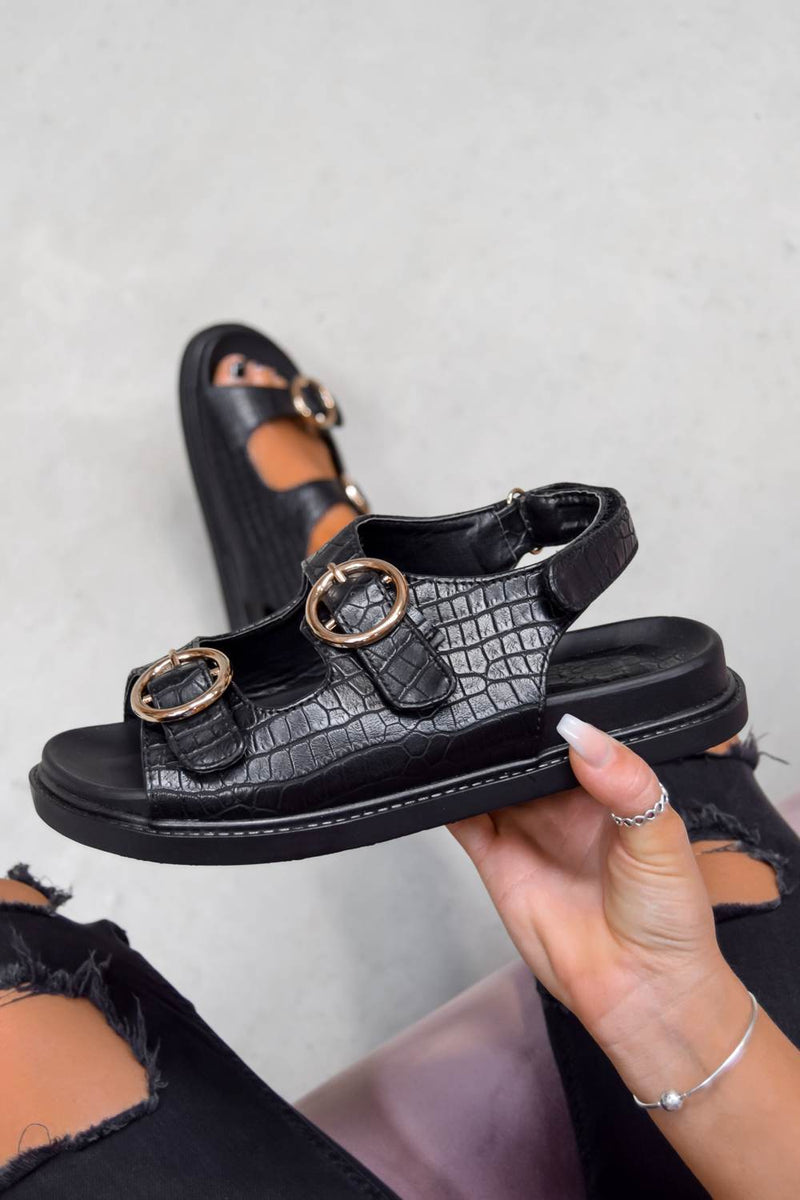 VACATE Chunky Ring Buckle Sandals - Black Croc