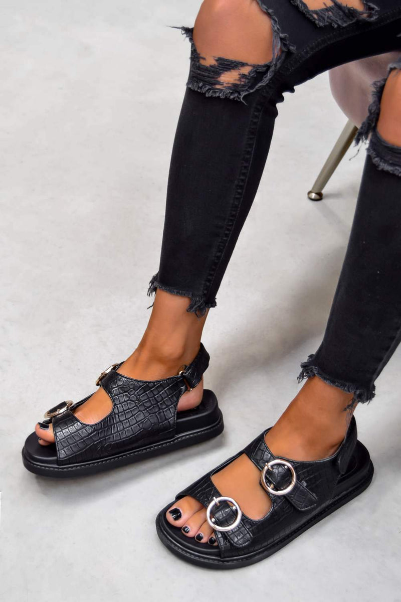 VACATE Chunky Ring Buckle Sandals - Black Croc - 2