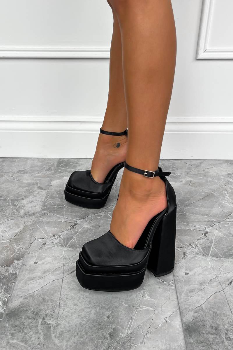 VIENNA Super Chunky Platform Heels Black Satin – AJ VOYAGE